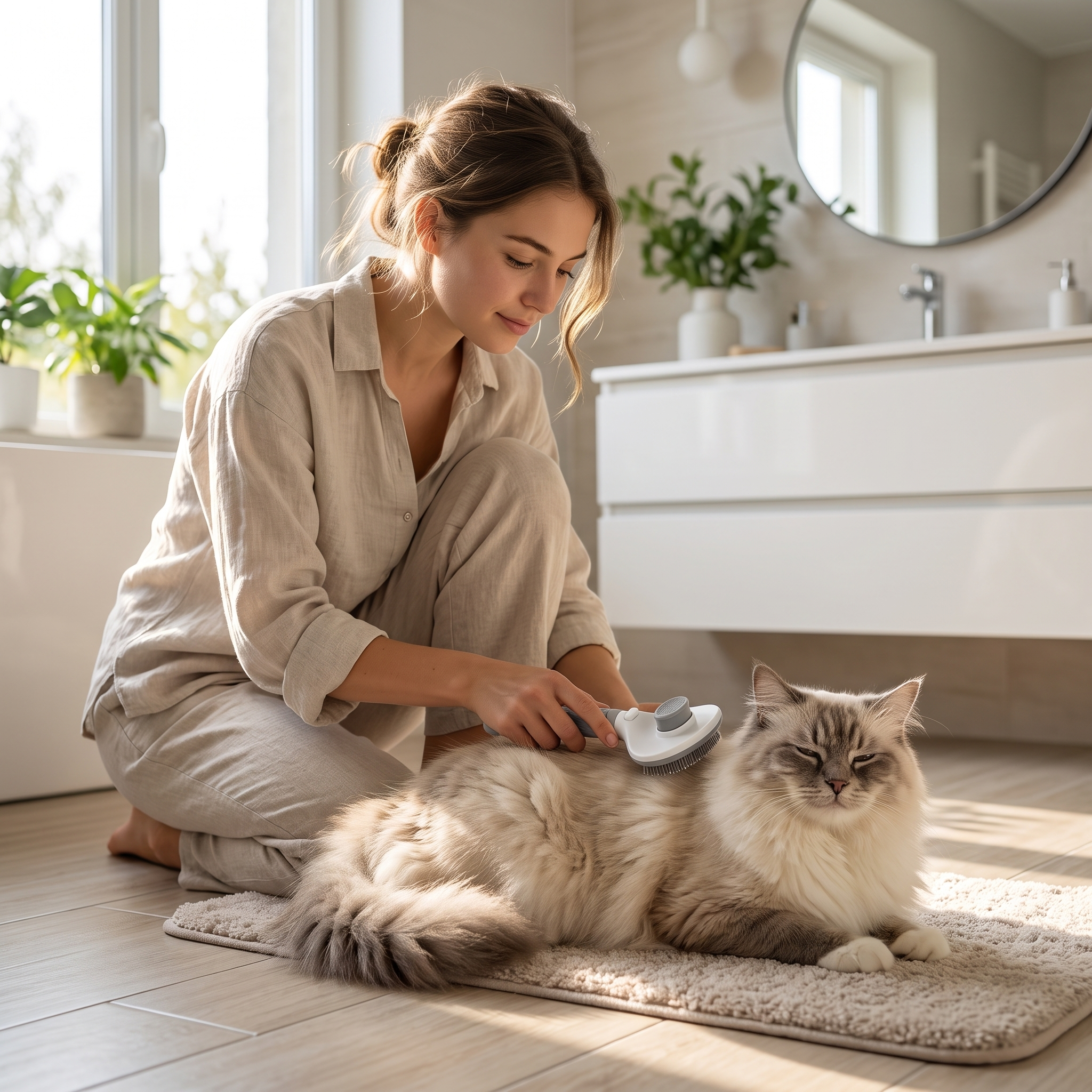 Woman gently brushing a fluffy cat with the Sleek gray slicker brush