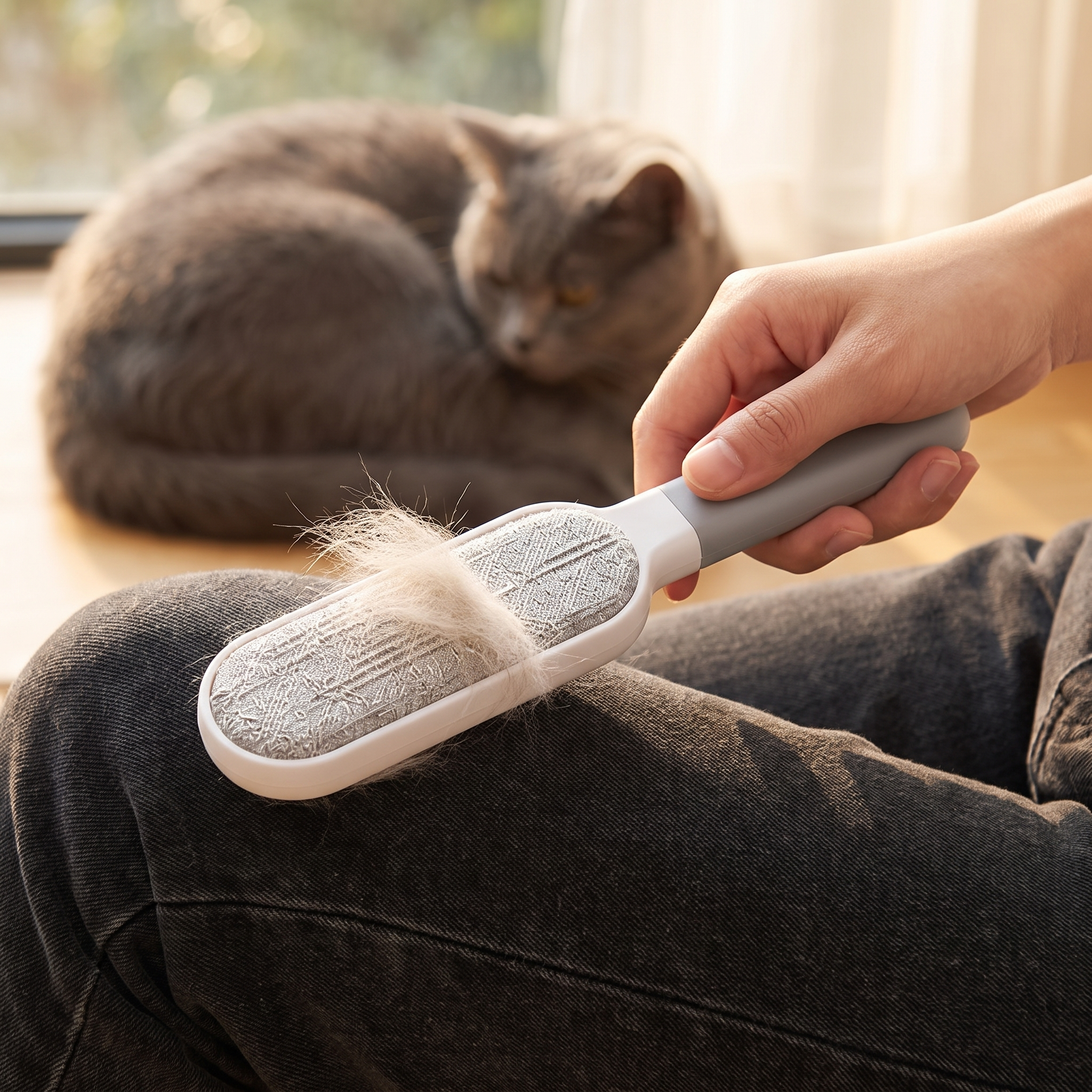 Close-up of Purrela Whisk lifting cat fur off dark jeans
