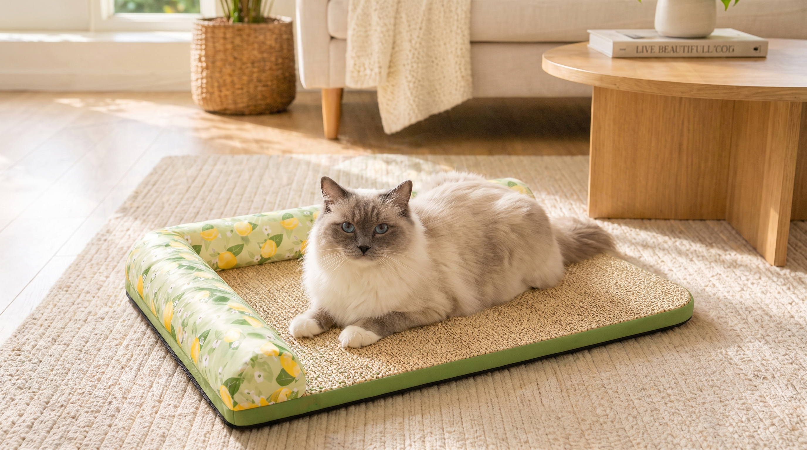 Ragdoll cat lounging on the Purrela Zest cooling mat in a bright living room