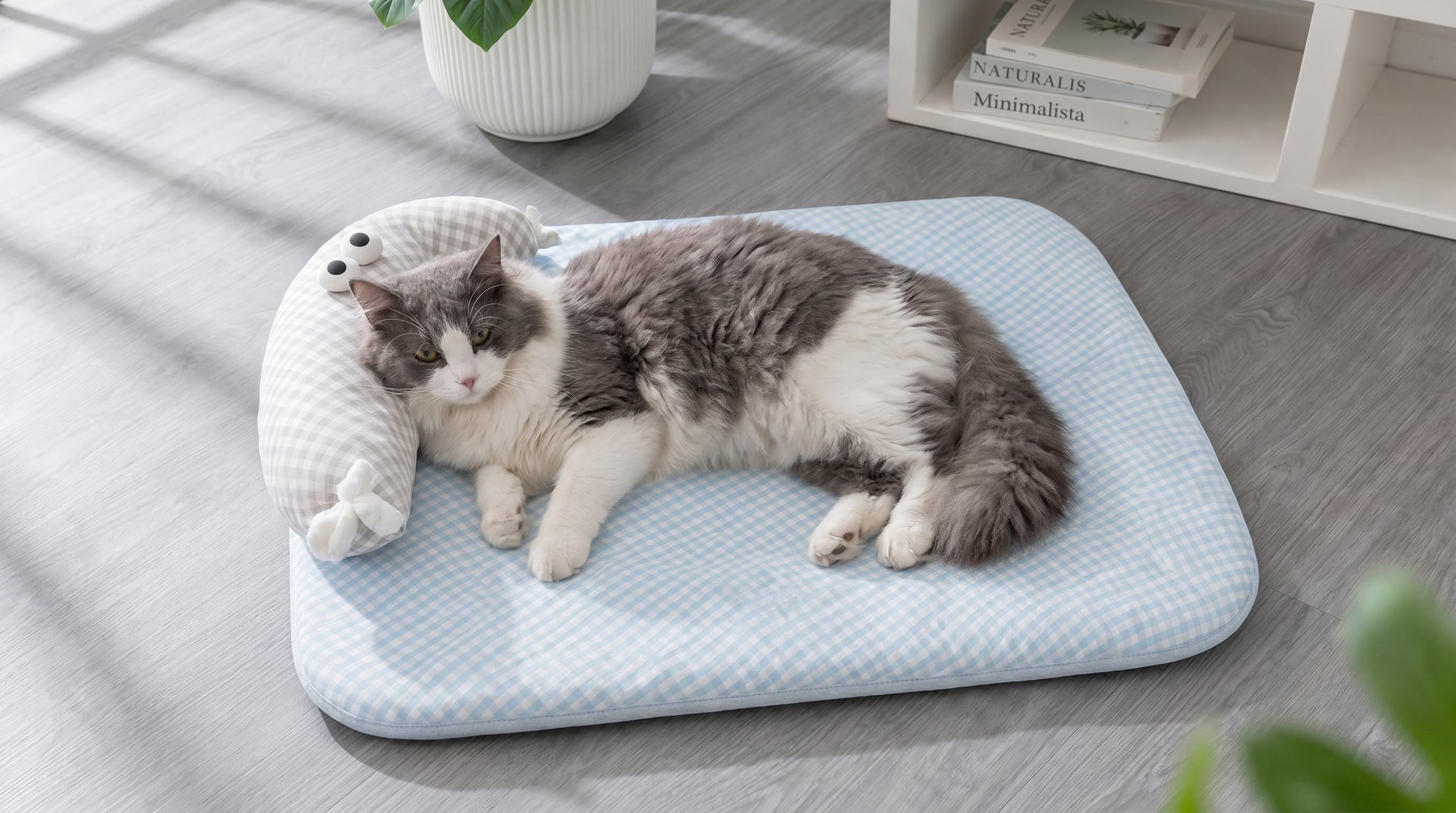 Cat relaxing on the blue Purrela Marina cooling mat with seal bolster in a bright room