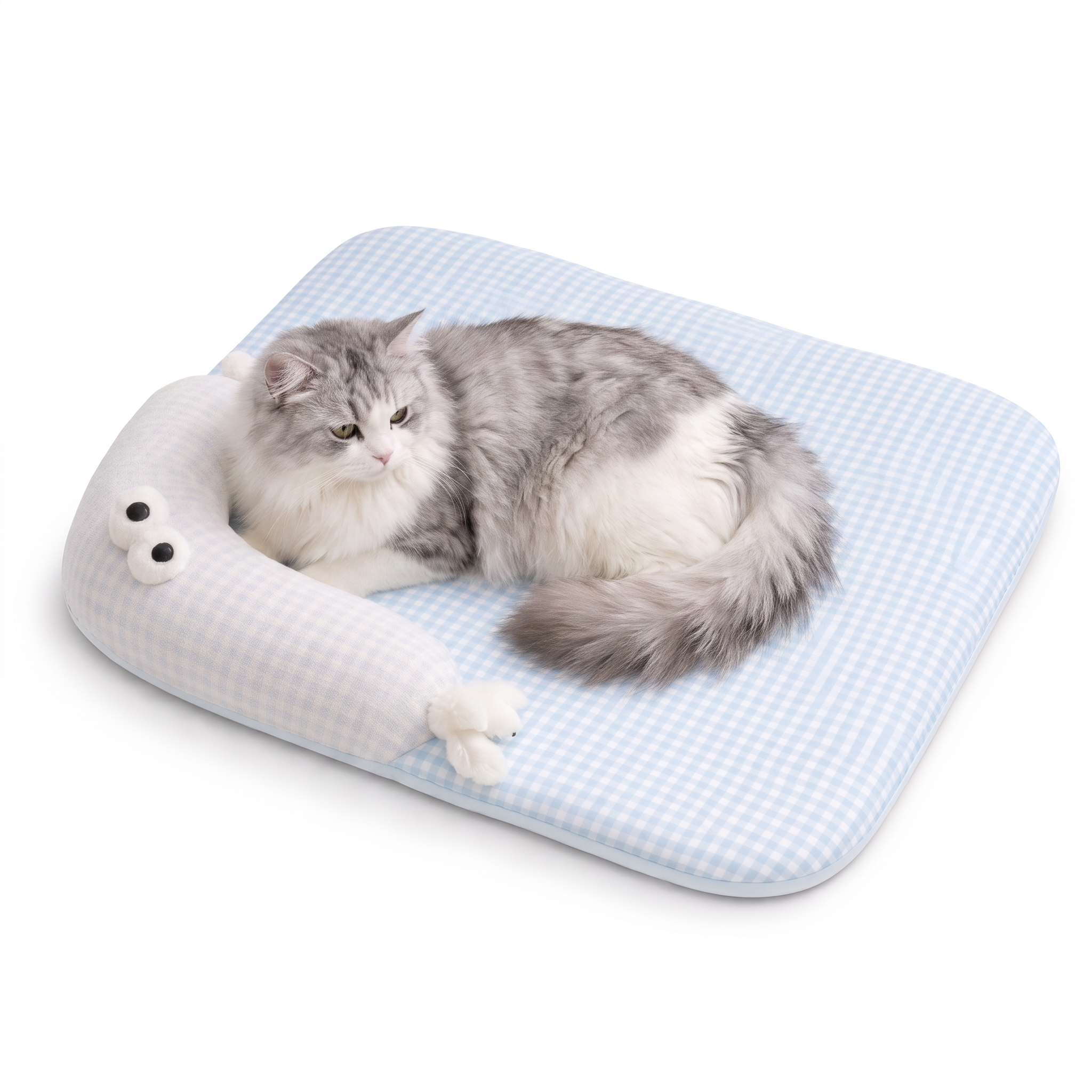 Fluffy cat curled on the blue Purrela Marina cooling mat with white seal bolster
