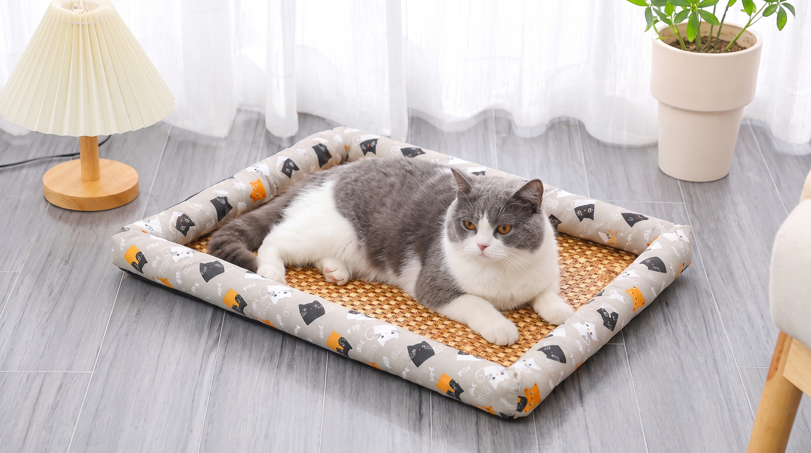 Cat lounging on the grey Purrela Palma cooling mat in a bright room