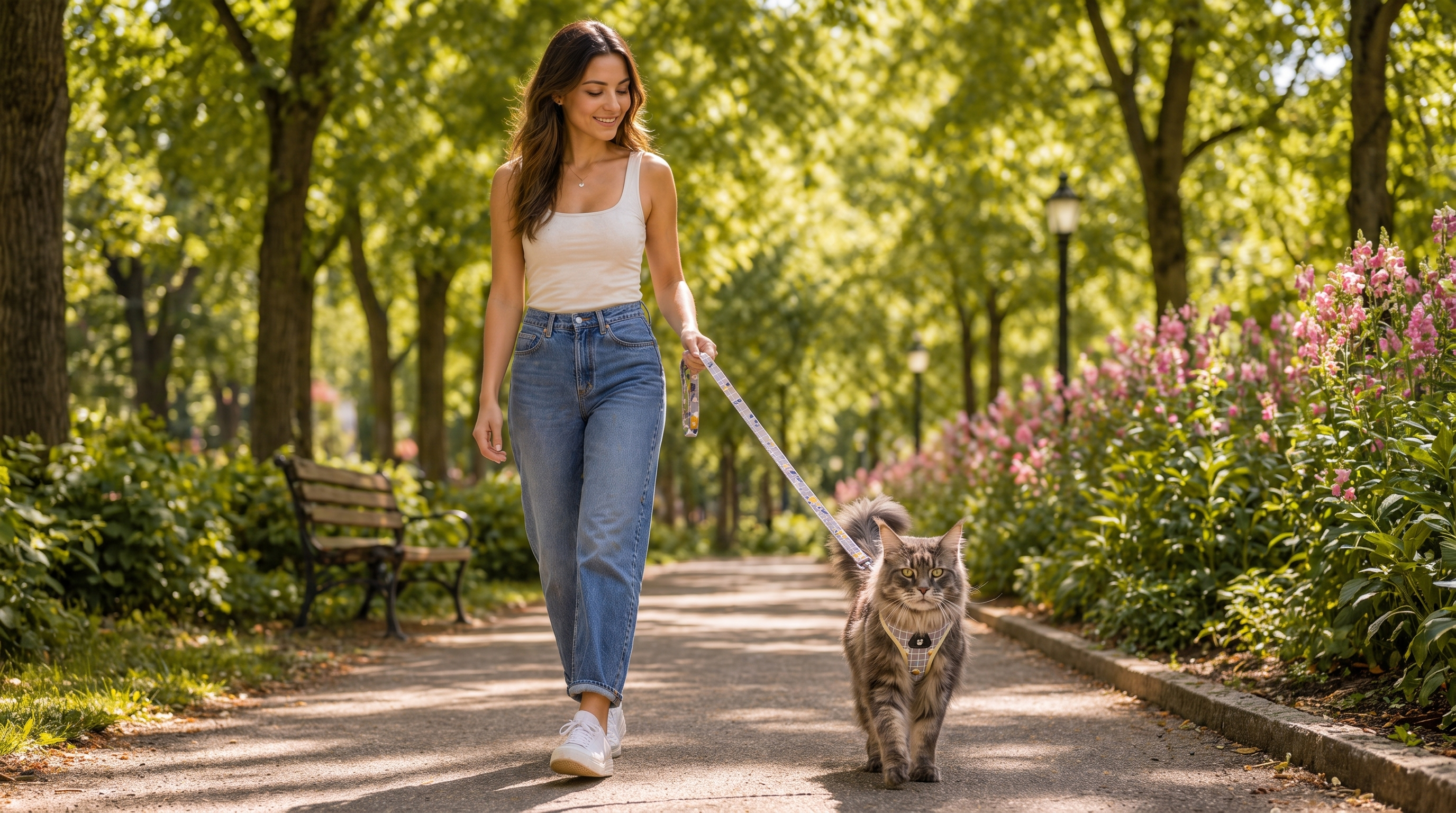 Woman walking her cat on a leash with the Purrela Trek harness in a park