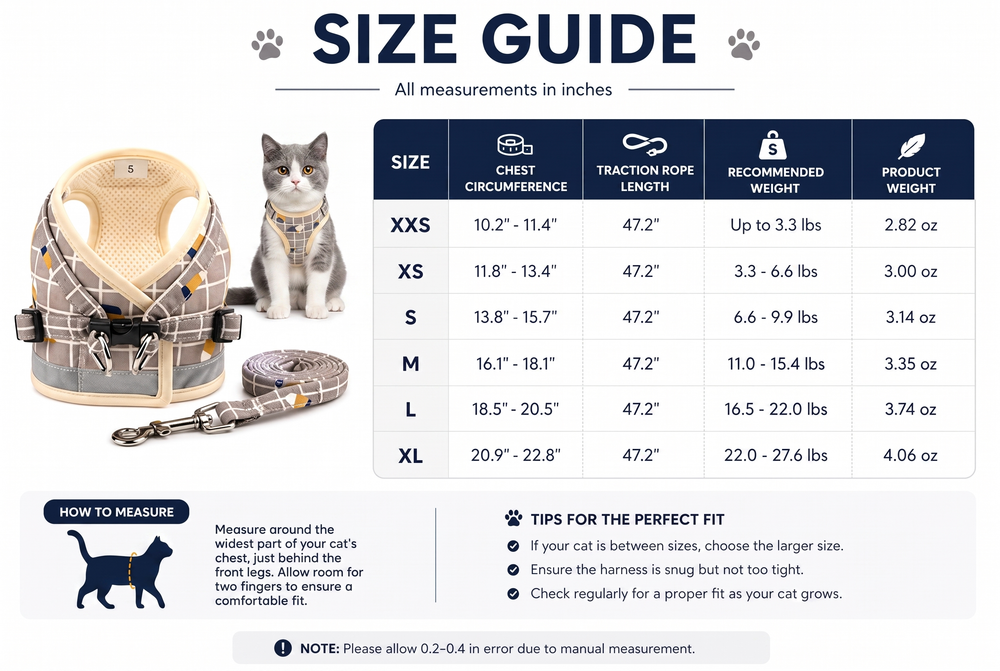 Purrela Trek Reflective Plaid Cat Harness & Leash Set — Size guide