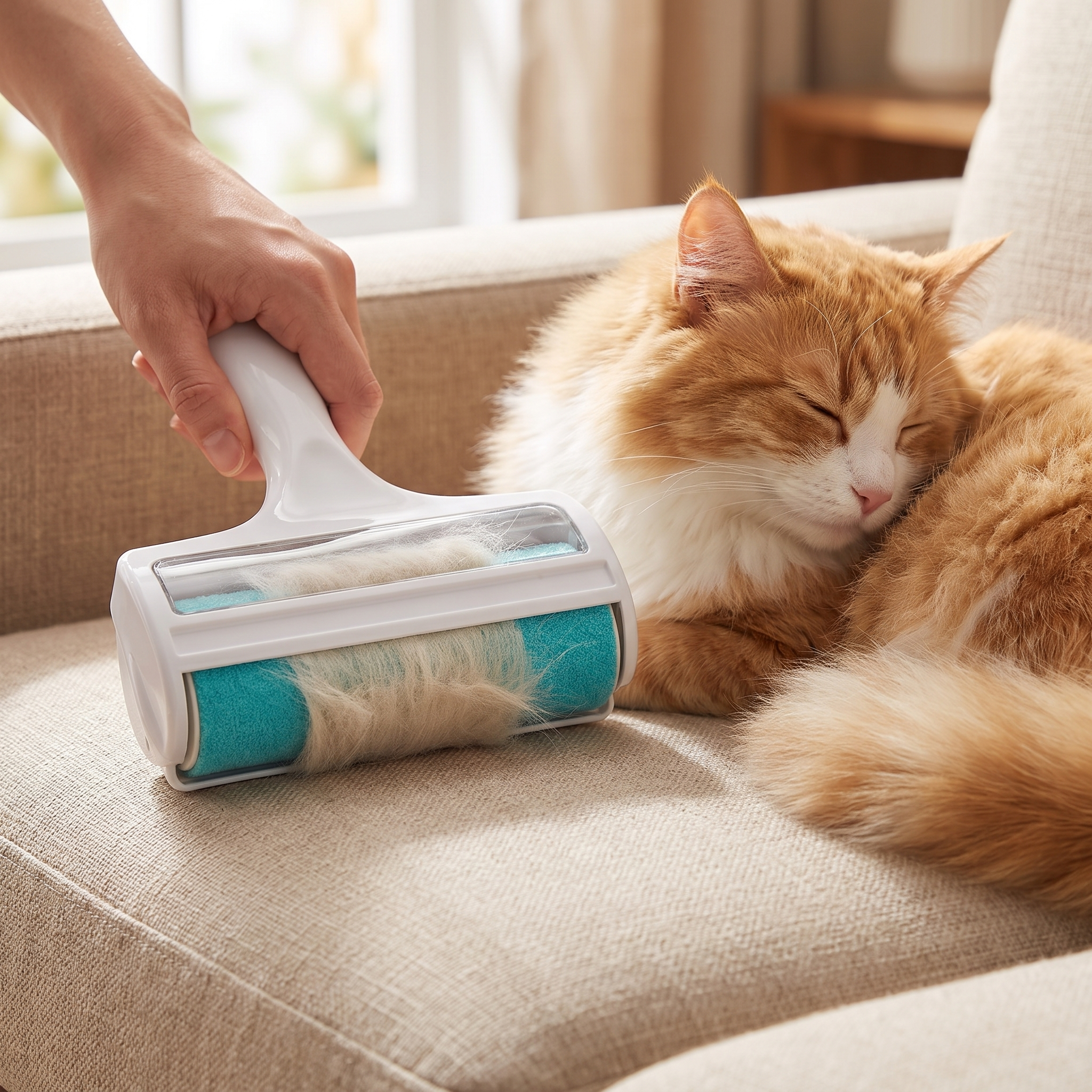 Rolling the Purrela Fern cat hair remover across a sofa beside a sleeping ginger cat
