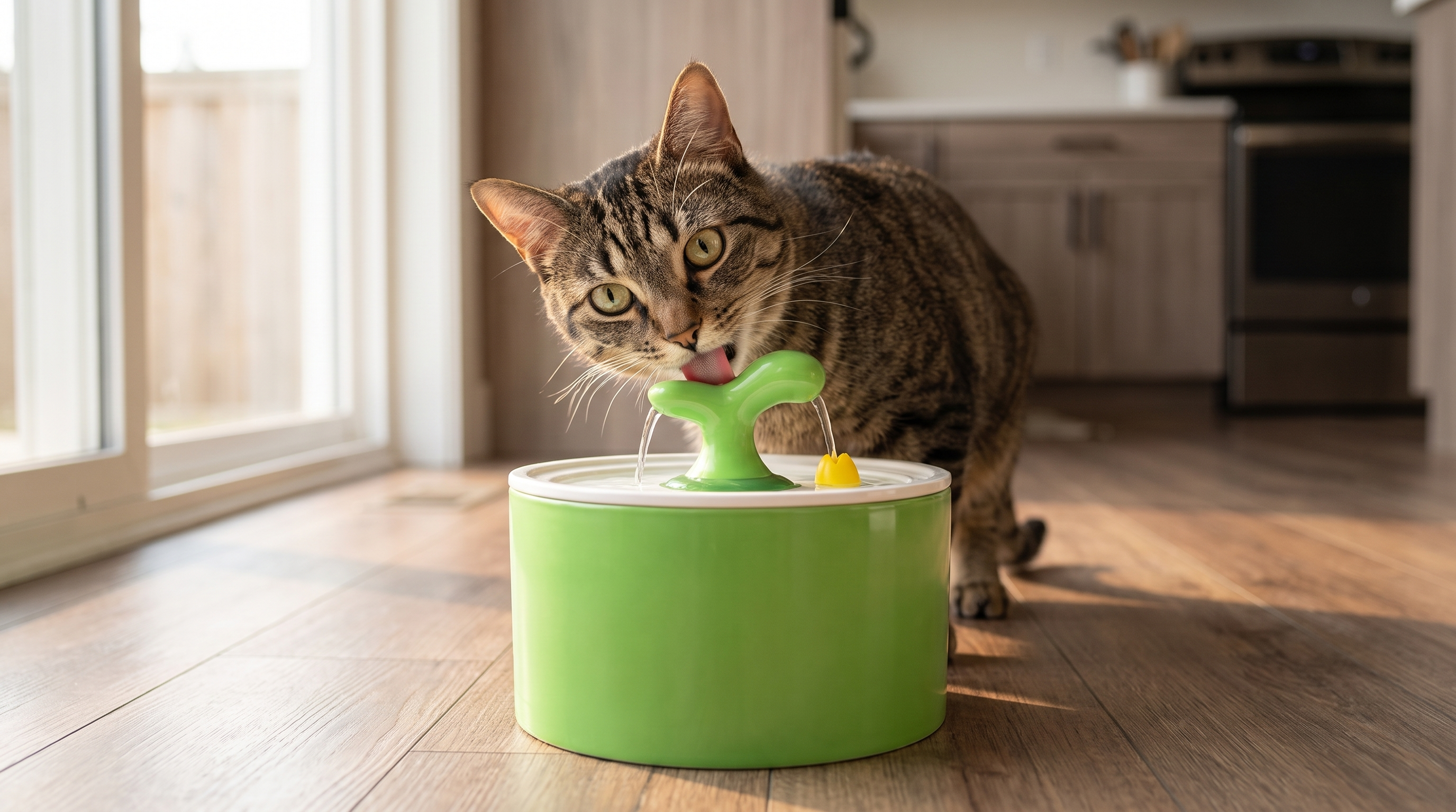 Cat drinking from the Springwell cat water fountain