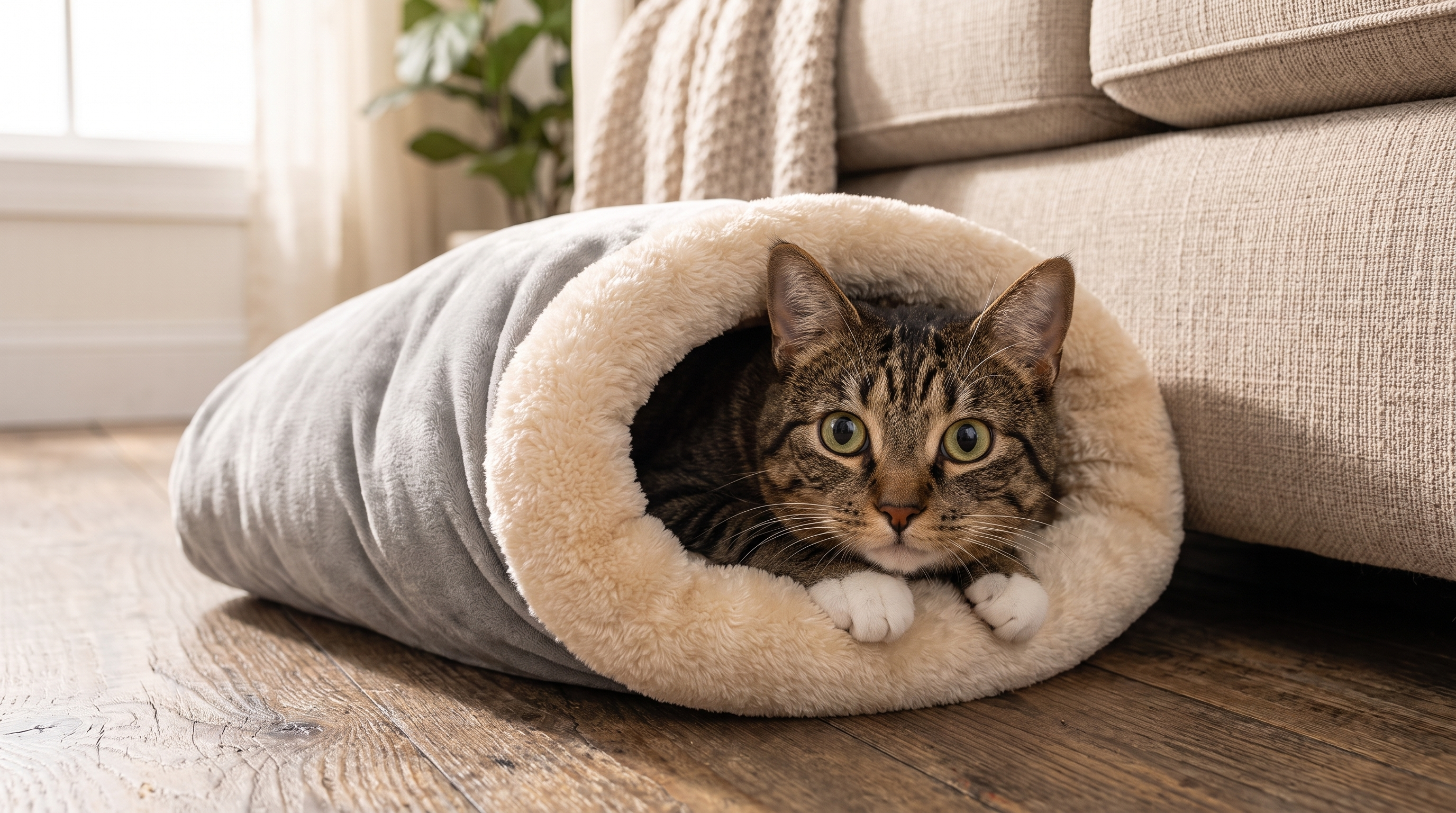 Cat nestled inside the Hibernest cat sleeping bag