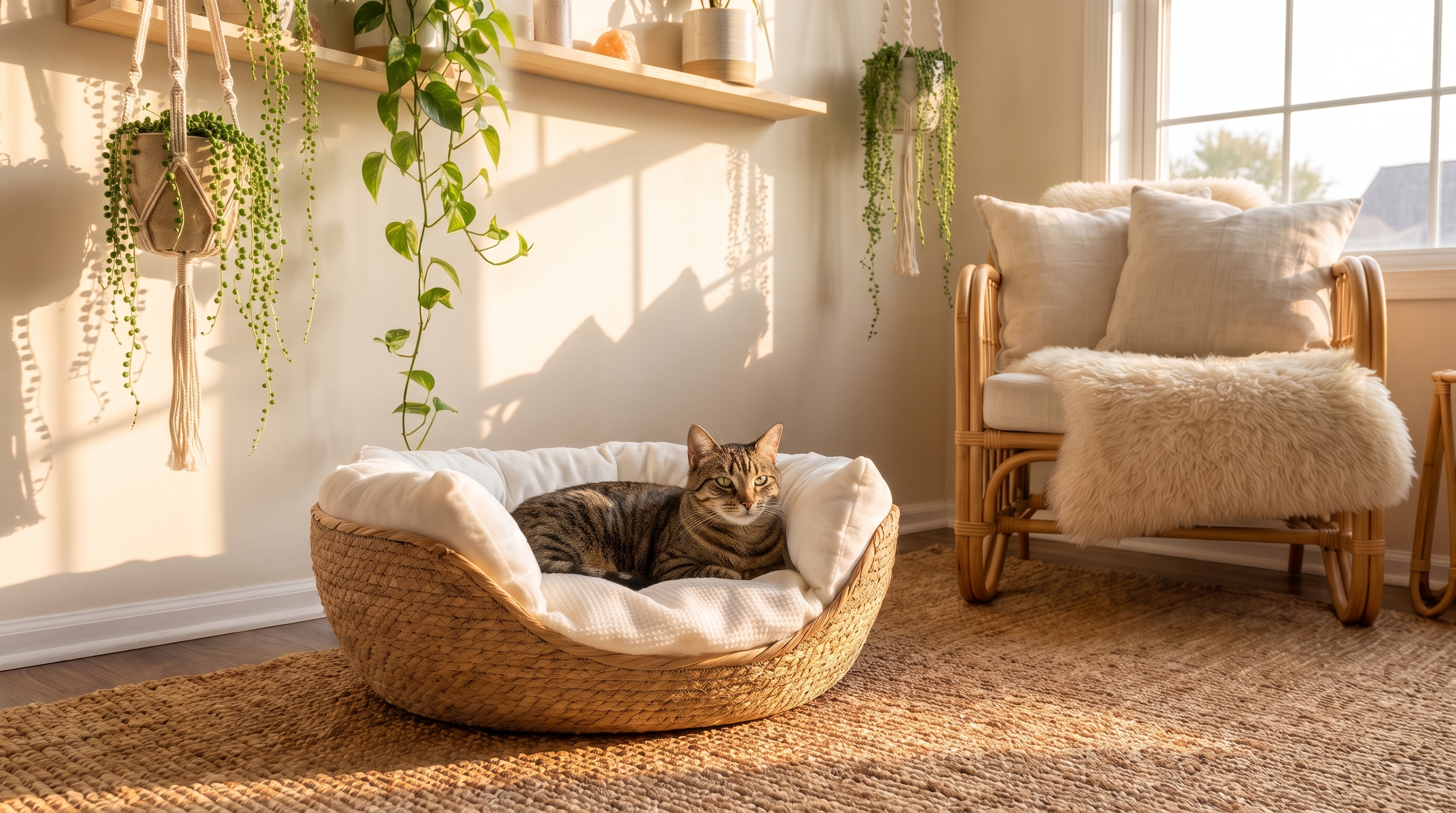Hazel woven cat bed with draped white cushion in a sunlit boho corner
