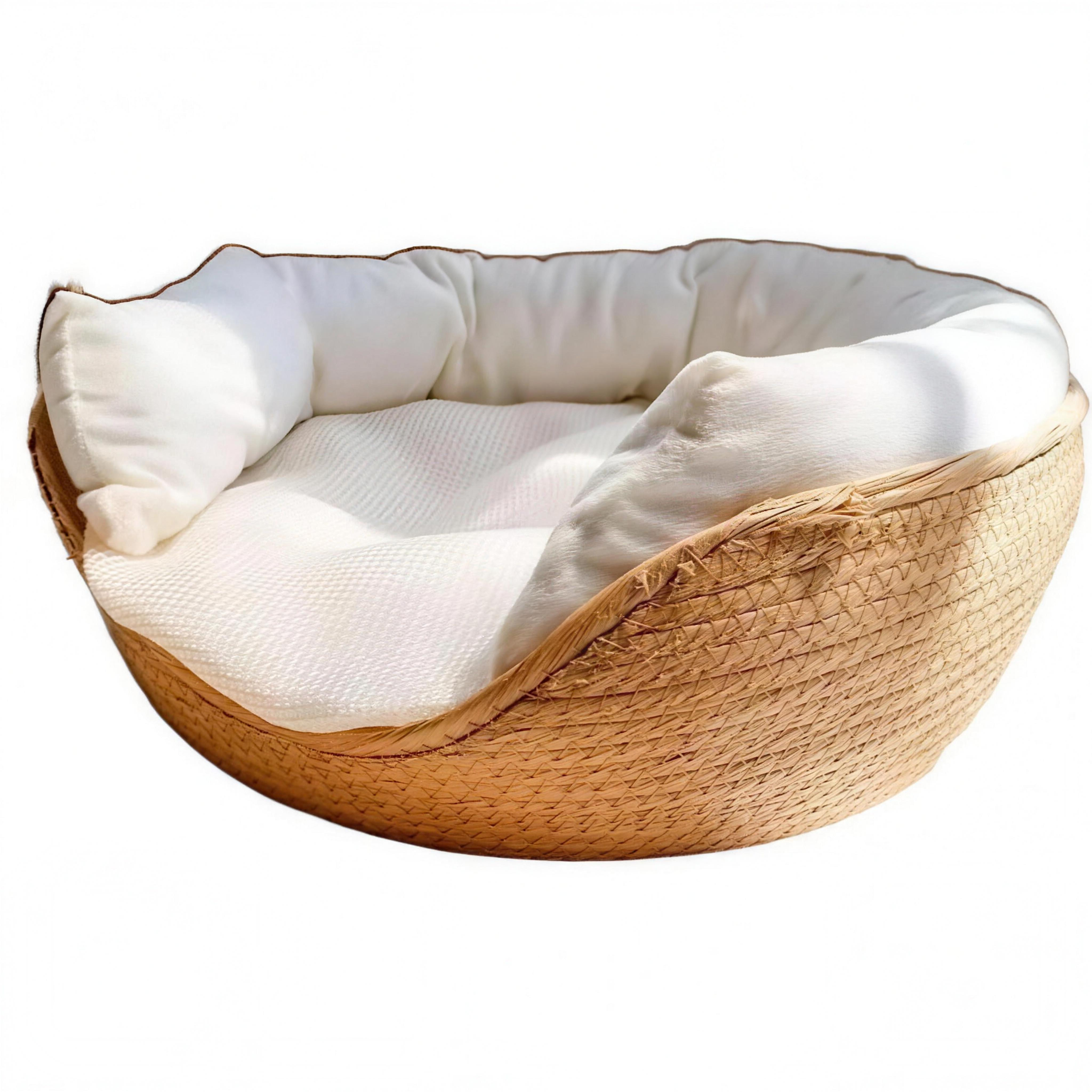 Hazel hand-woven natural rope cat bed basket with soft draped white cushion