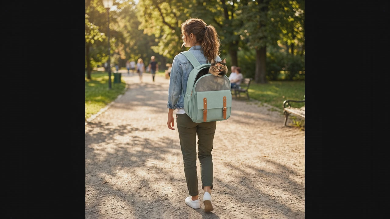 Woman walking with her cat's head out the top of the Atlas carrier backpack
