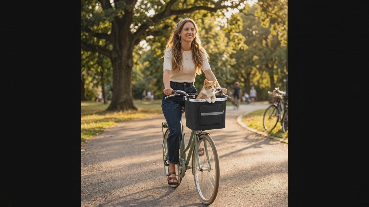 Woman riding a bike with her cat in the Scout front basket carrier