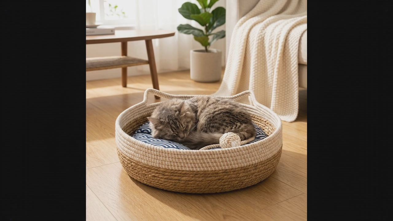 Cat settling into the Reed handwoven rope cat bed basket