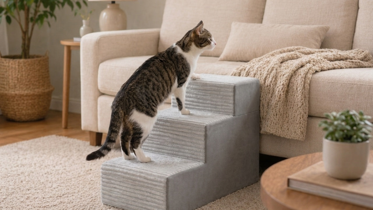 Cat using the Tier grey cat stairs beside a sofa in a bright living room