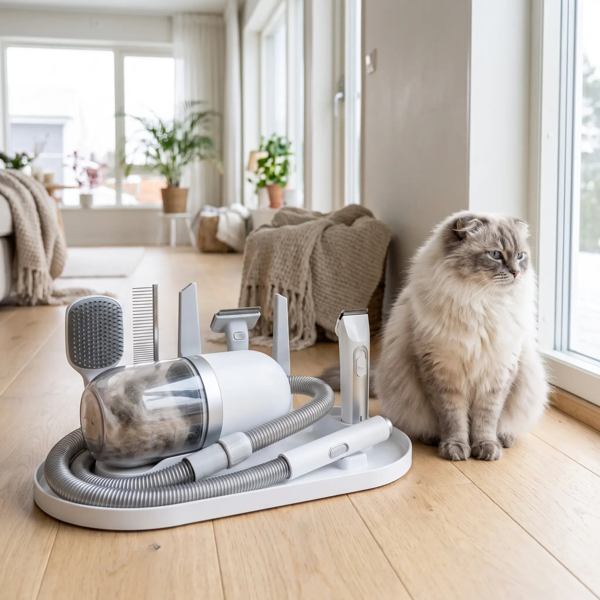 The complete Purrela Preen grooming vacuum kit displayed on the floor with a calm cat beside it