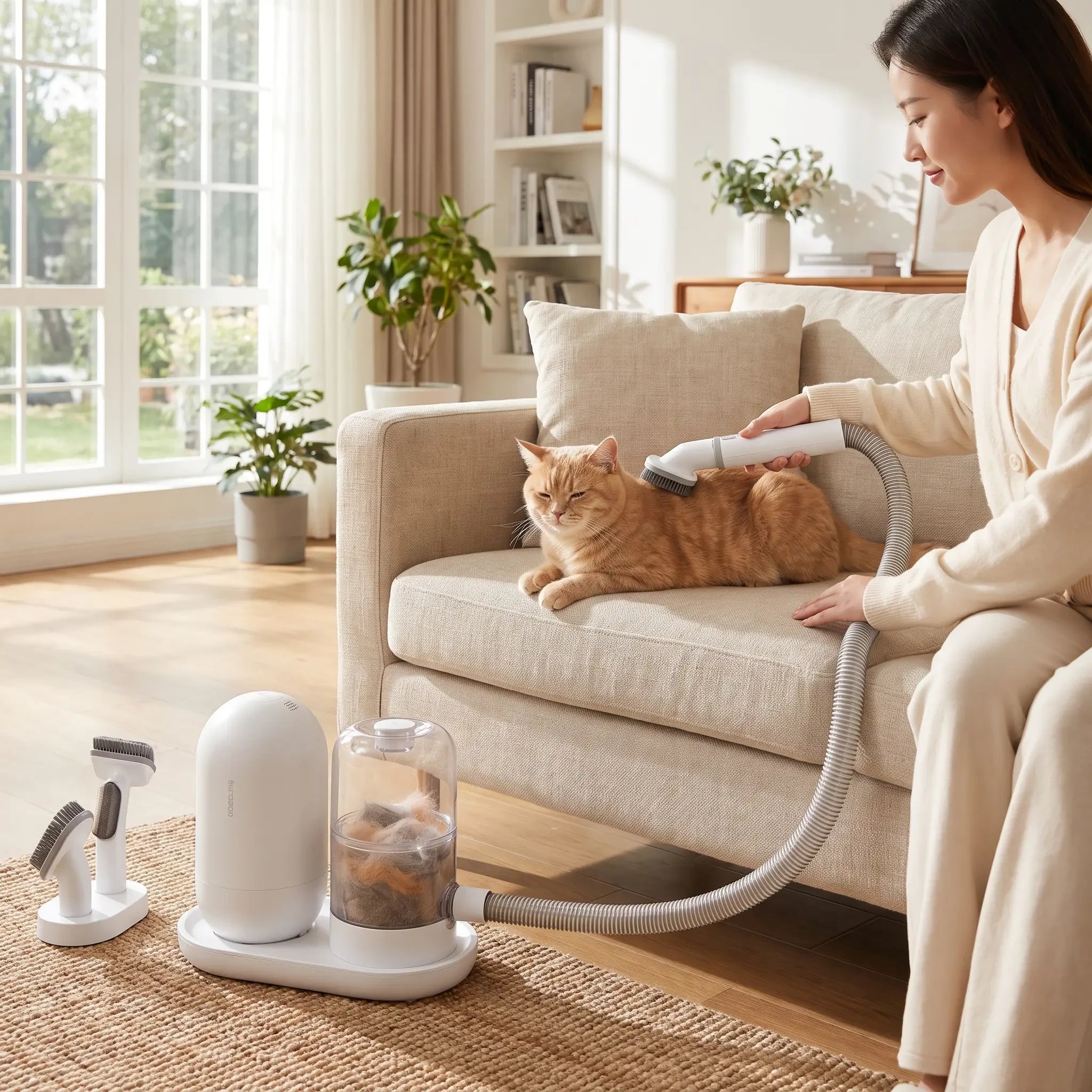 Woman grooming a cat on a sofa with the Purrela Preen station, clear cup collecting fur