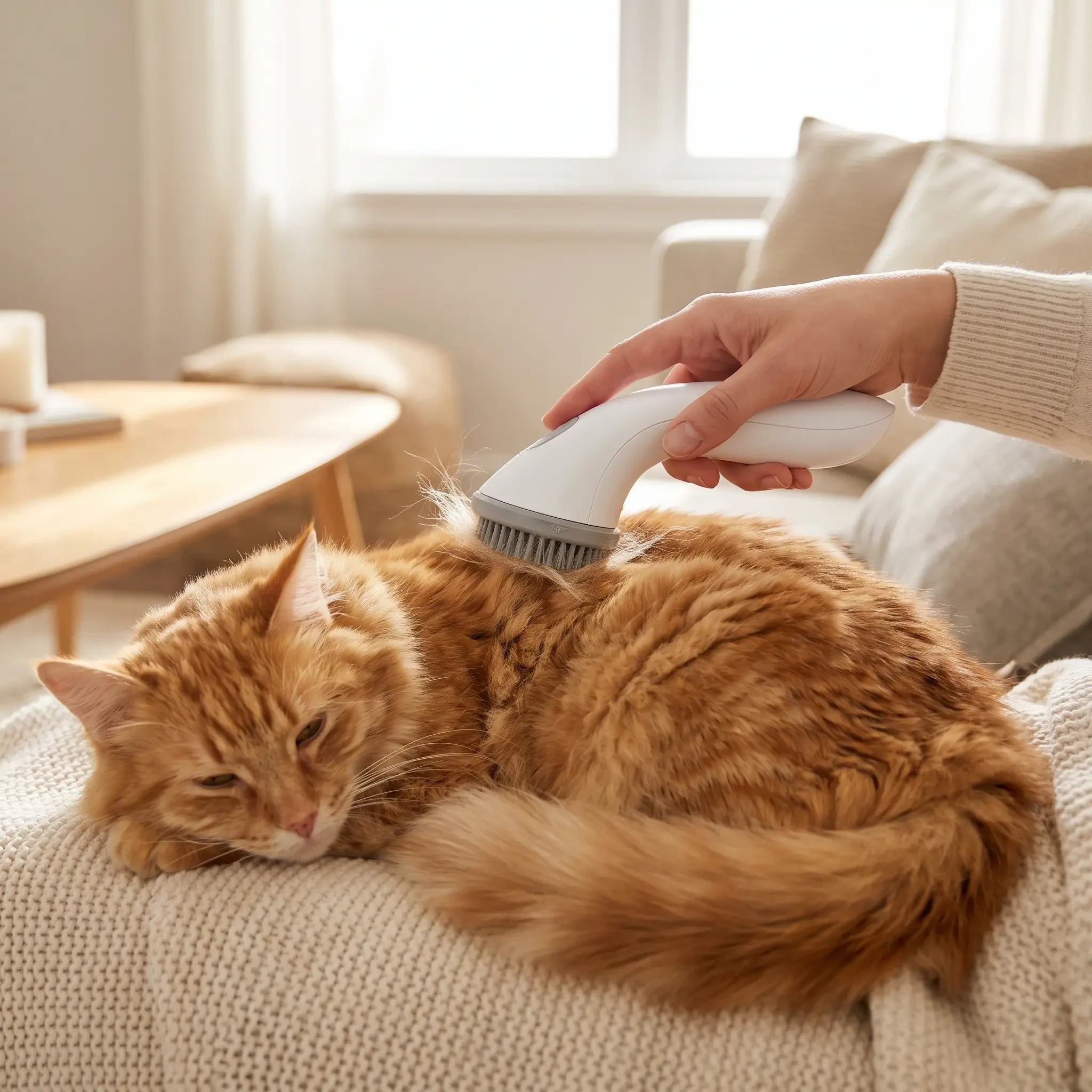 Close-up of the Purrela Preen de-shedding brush grooming a relaxed cat's coat