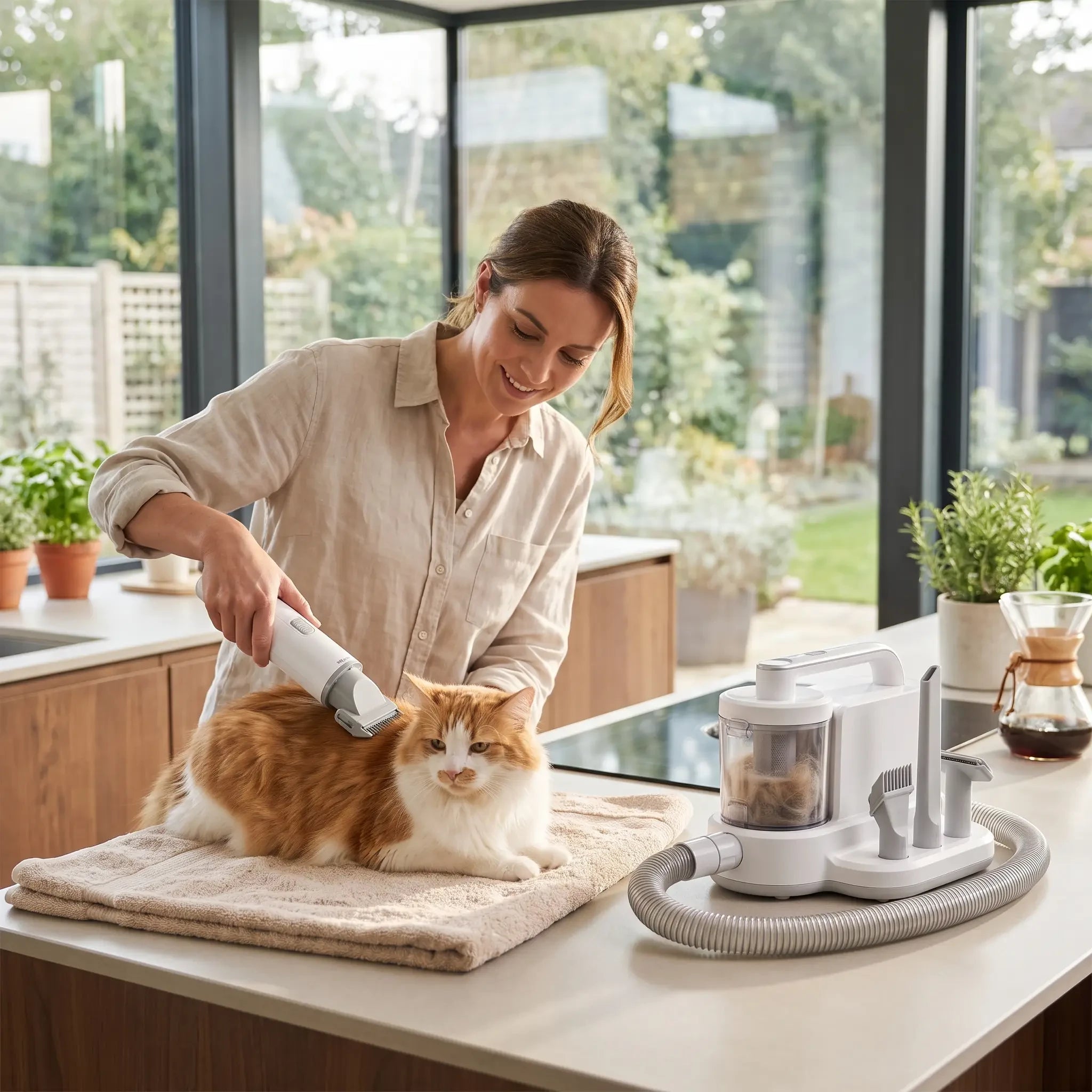 Woman gently trimming a calm cat with the Purrela Preen clipper attachment in a bright kitchen